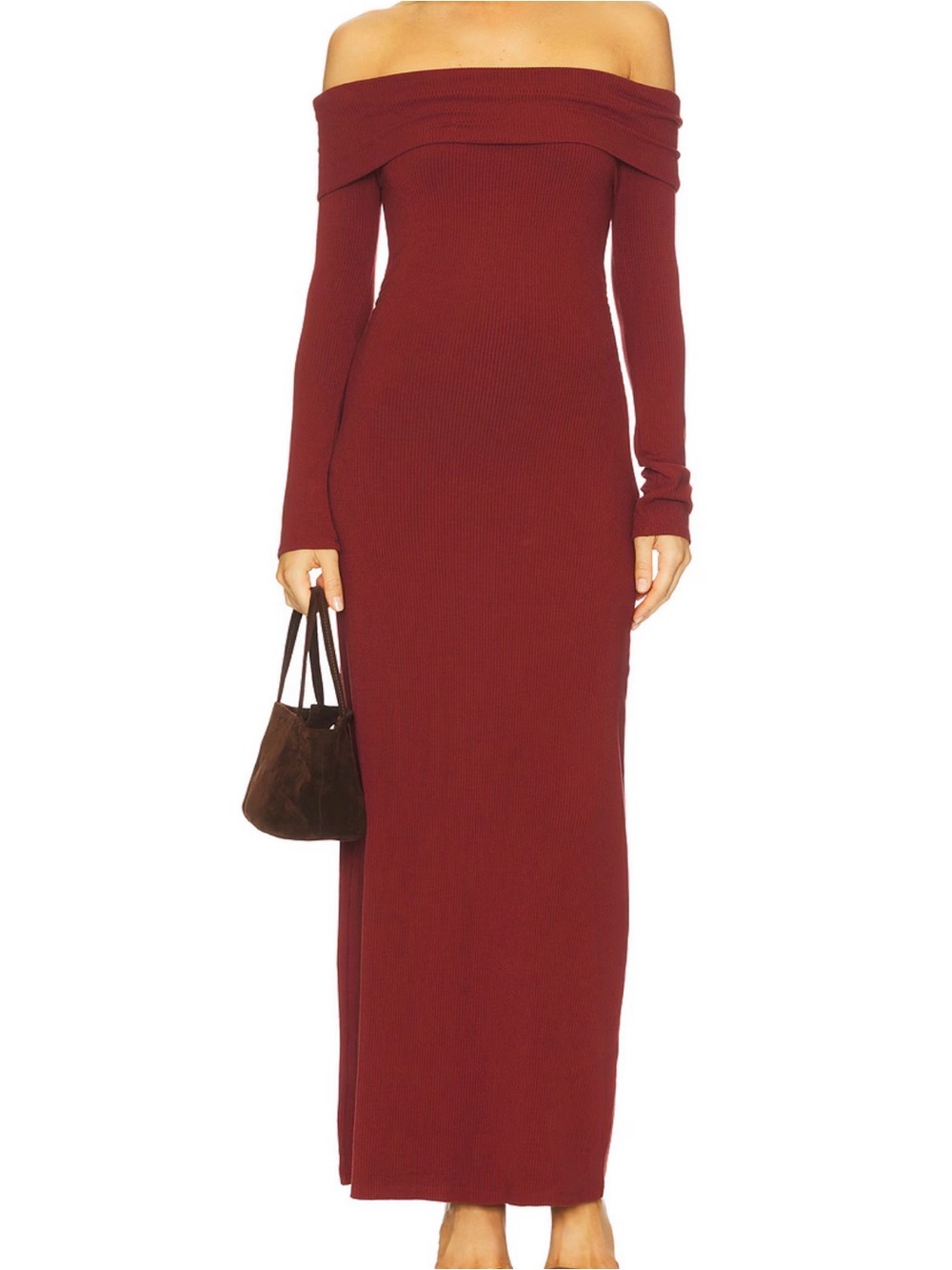 Off-Shoulder Burgundy Long Sleeve Maxi Dress